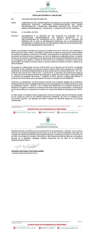 CIRCULAR EXTERNA 006 DE 2020 SEGUIMIENTO GESTIÓN SUJETOS DE CONTROL RENDICION SIA OBSERVA COVID19